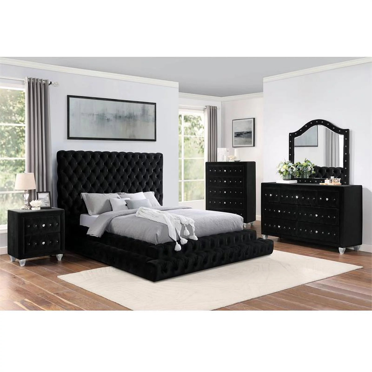 Glam Fabric Tufted Platform Queen Bed in Black D79825