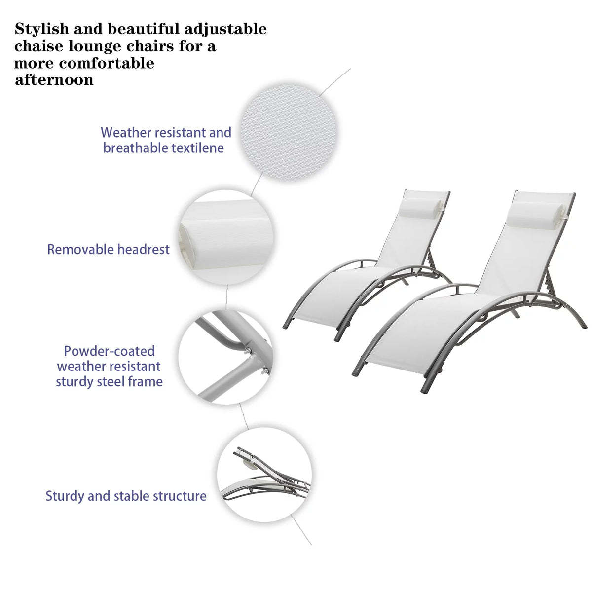 Set of 2 White Adjustable Patio Lounge Chairs S4666