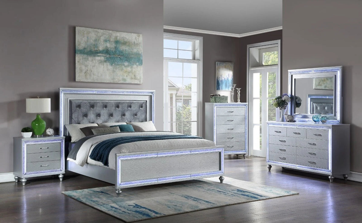 King Size Upholstered Bed Dresser Mirror Nightstand 5pc Set E126