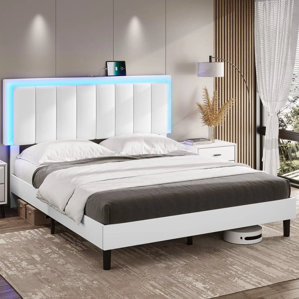 King Leather Upholstered Platform Bed with Charging Station and LED Lights E551