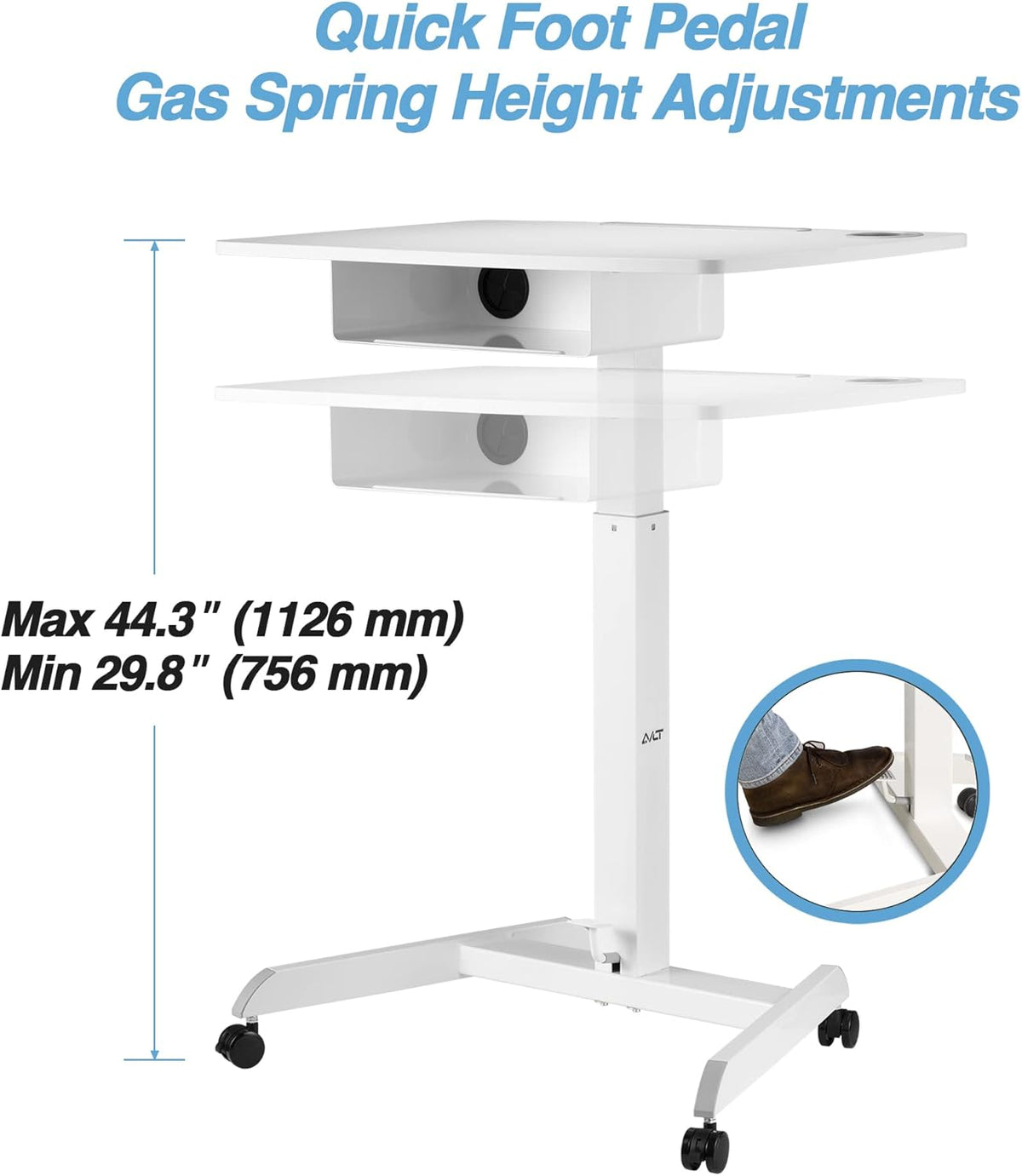 White Height Adjustable Rolling Desk with Shelf K66351