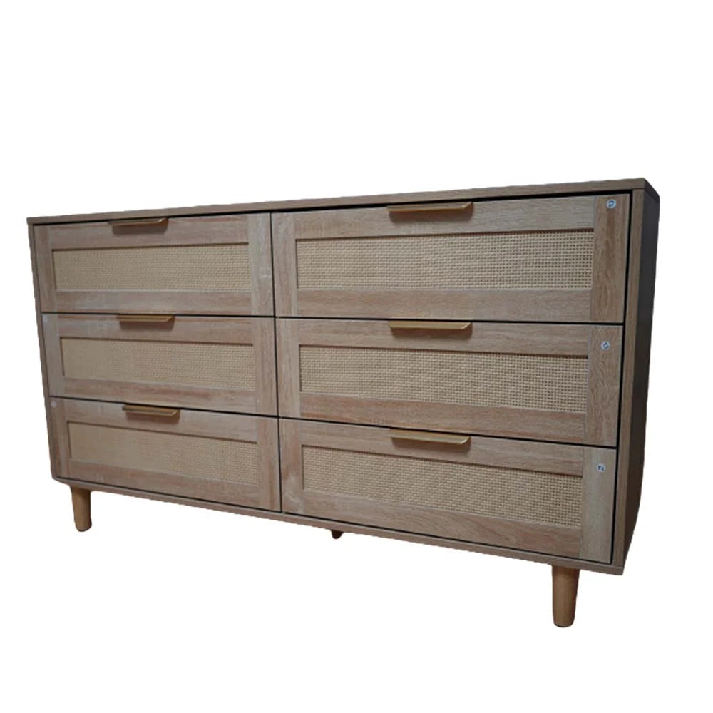 6 Drawer Natural Wood Dresser with Gold Handles G95013