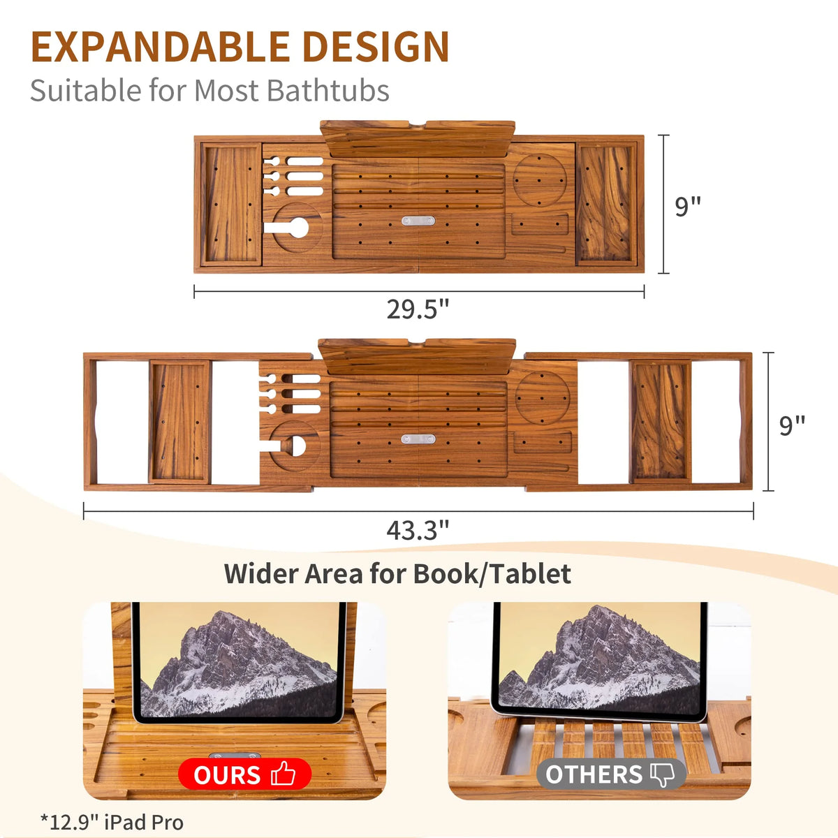 Teak Solid Wood Foldable Bathtub Tray T37470