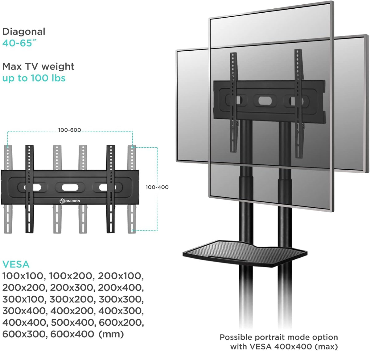 Mobile TV Stand for 40 to 65 Inch TV with Wheels Shelves P990