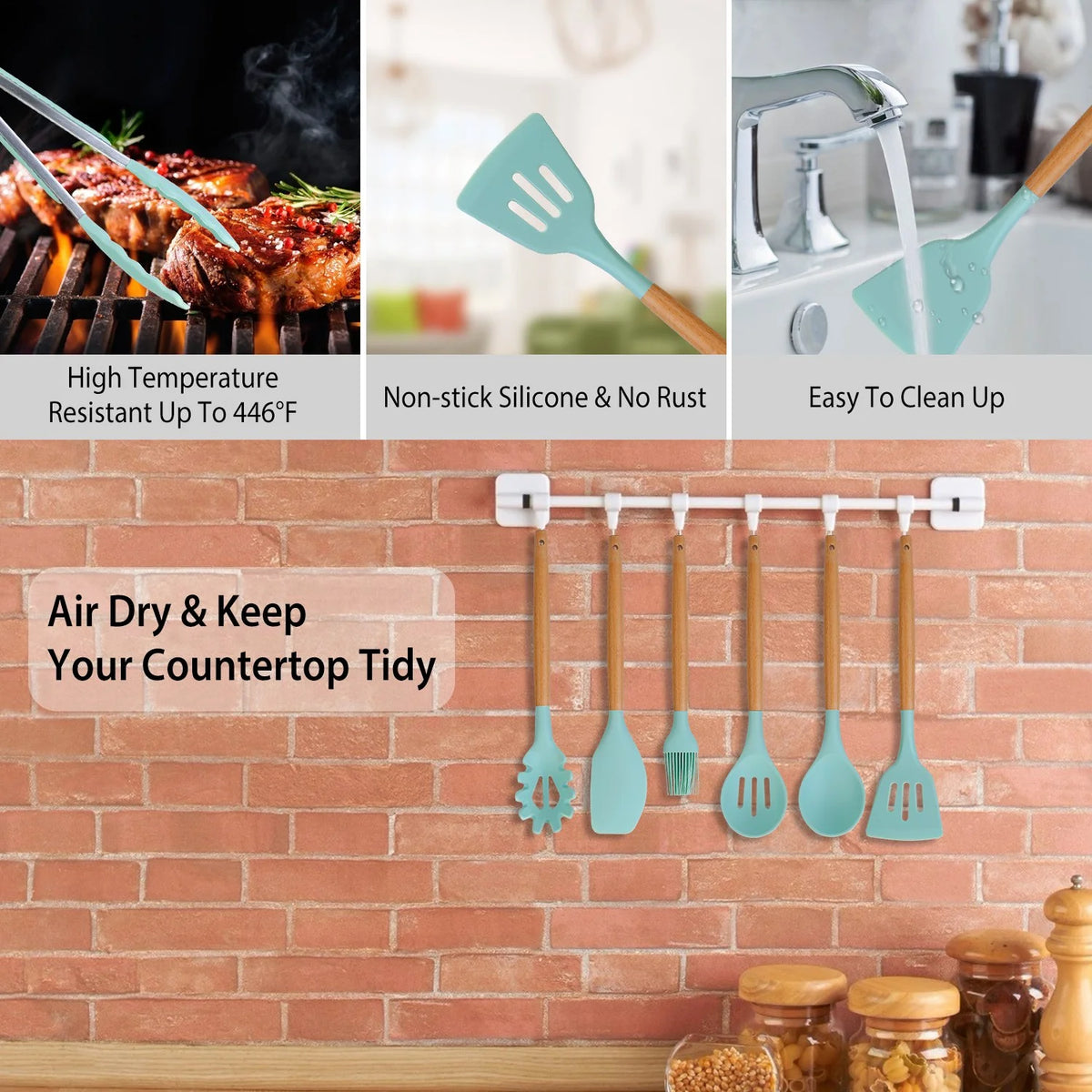 11-Piece Silicone Cooking Utensil Set with Wooden Handles, Green M95524
