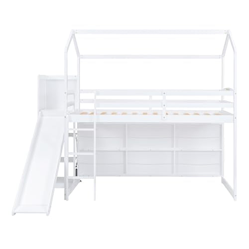White Twin Size Wood House Loft Bed with Slide and Storage Shelves U78049