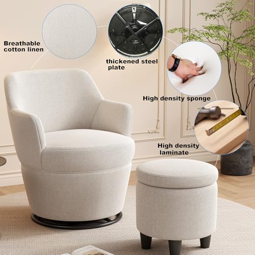 Beige Cotton Linen Upholstered Swivel Chair with Storage Ottoman Q317