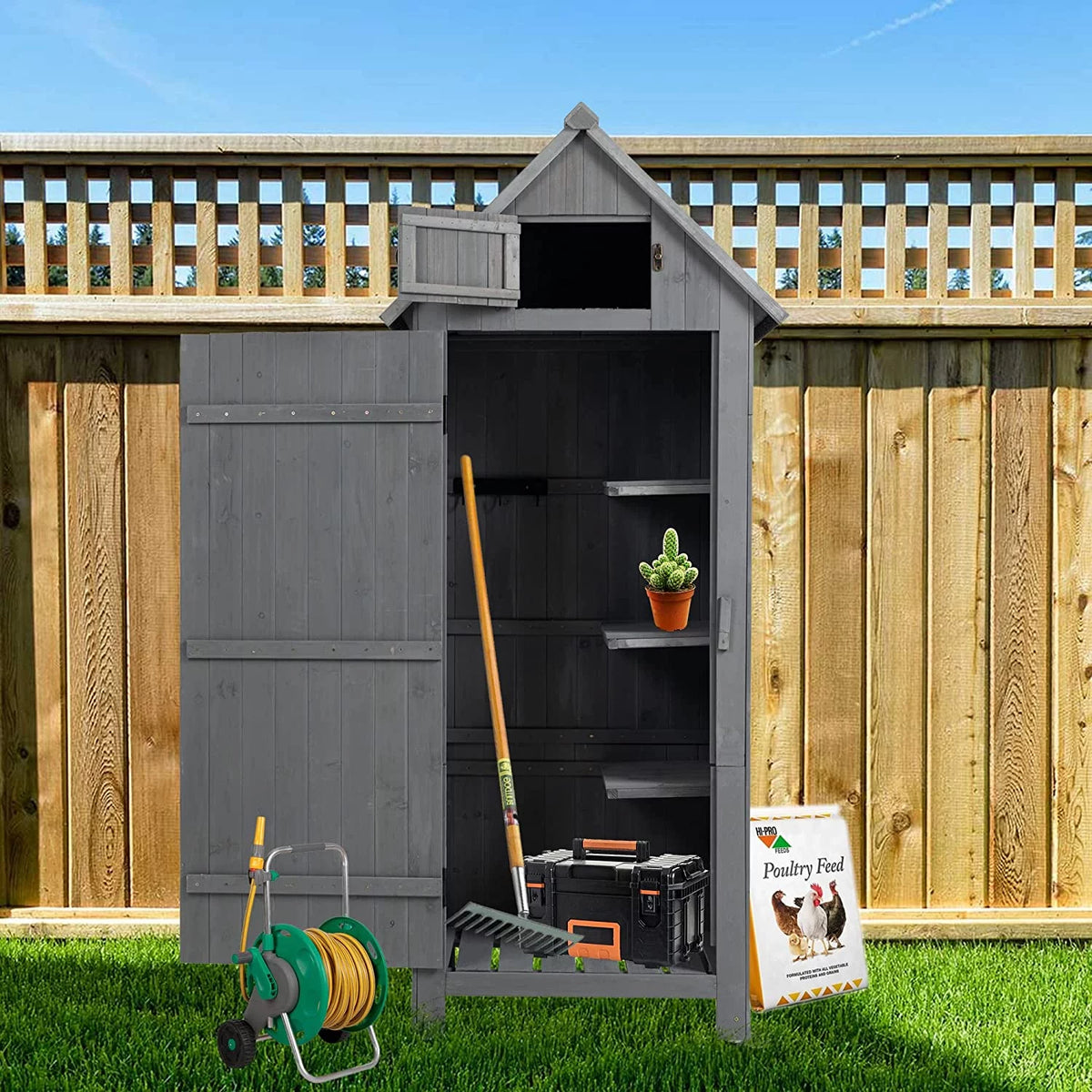 Wooden Outdoor Storage Cabinet Tool Shed 30.3” L X 21.3” W X 70.5” H Gray F486