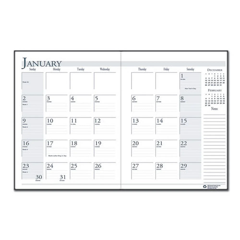 Recycled Ruled 14-Month Planner with Leatherette Cover, Black I204335