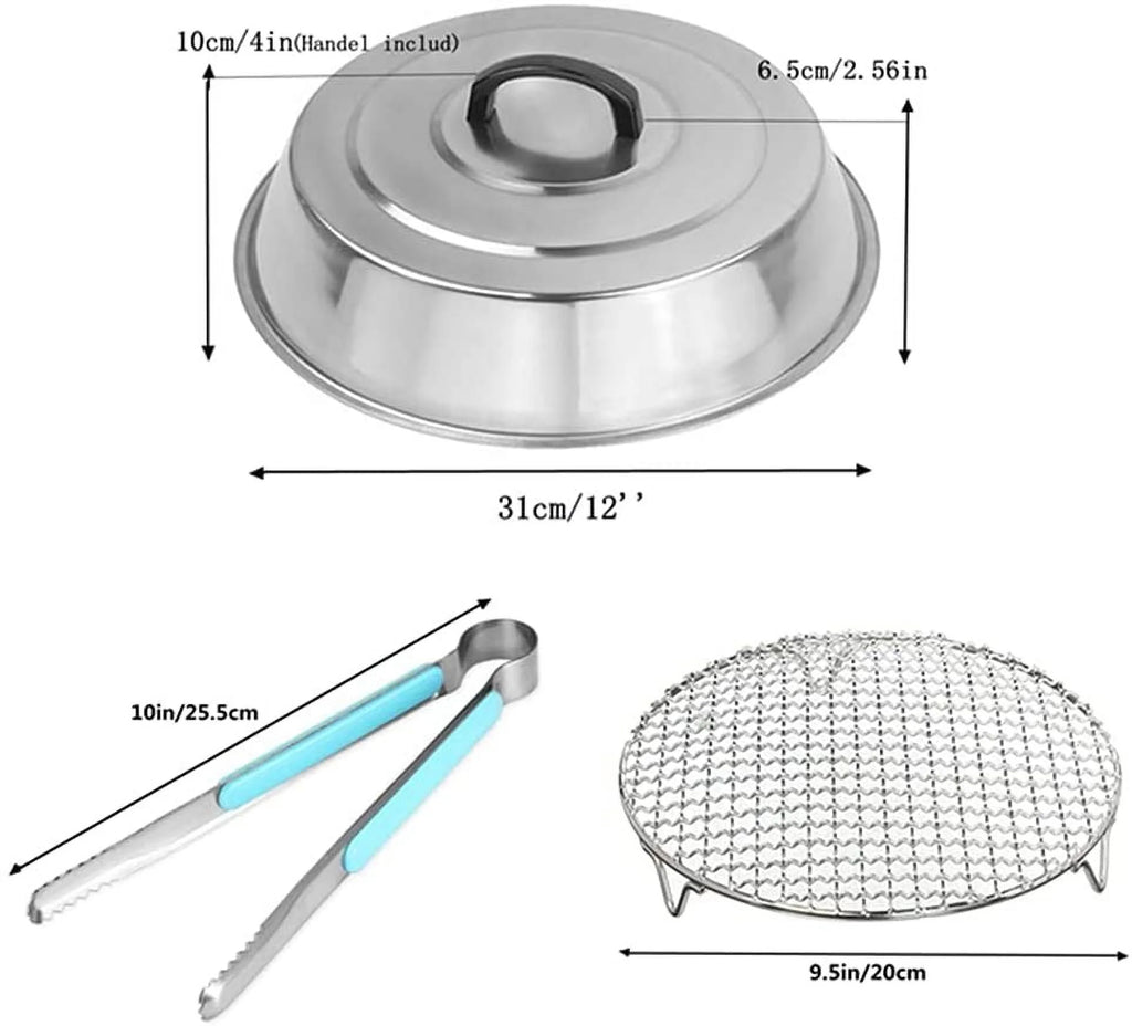 12 Inch Round Stainless Steel Basting Cover Dome and Cooling Wire Racks and BBQ Tong O5715