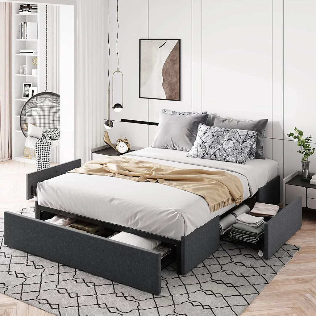 Queen Size Platform Bed Frame with 3 Storage Drawers V654073