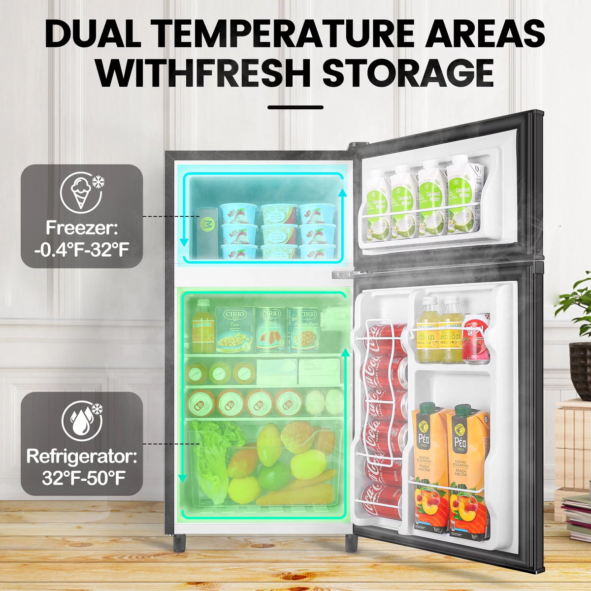 Two Door Mini Fridge with Freezer, 3.5 Cu ft, Black X79490