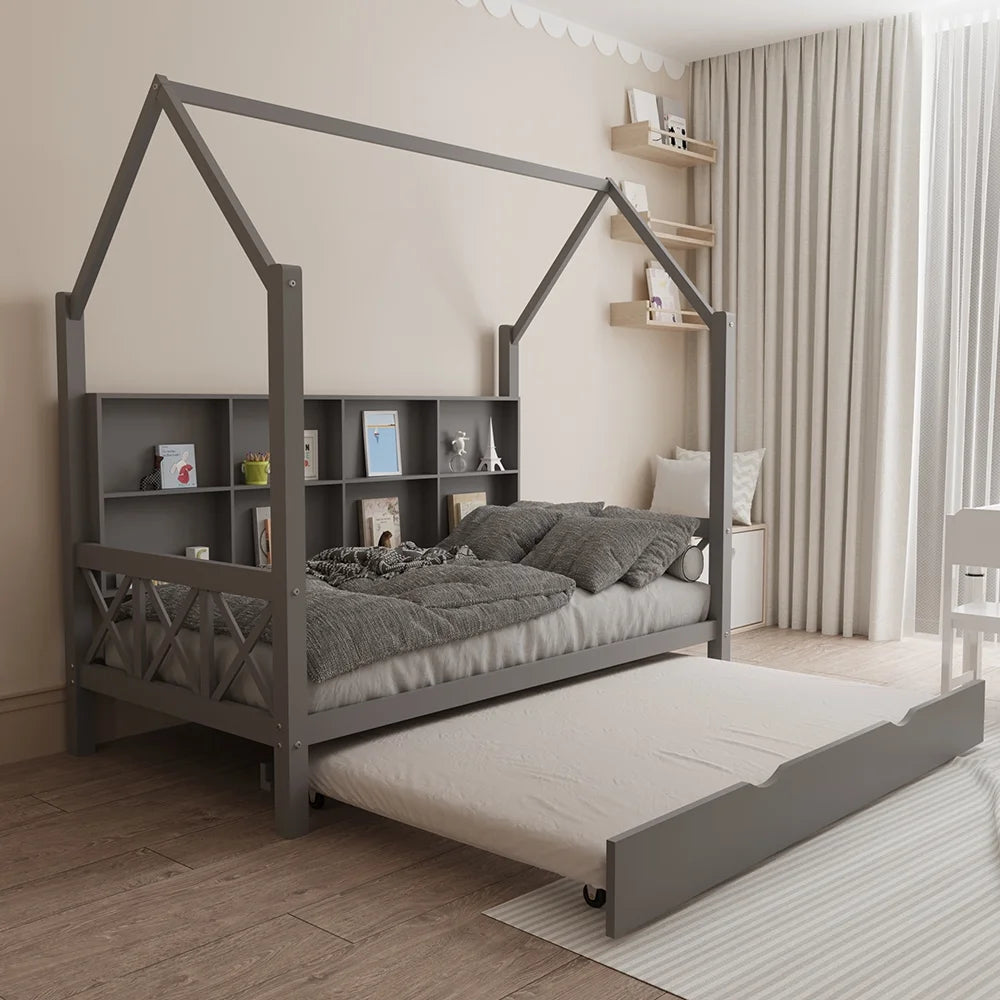 Twin House Bed with Trundle and Storage Shelve P63071