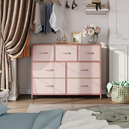 7 Drawer Dresser TV Stand with Metal Frame and Wood Top L369