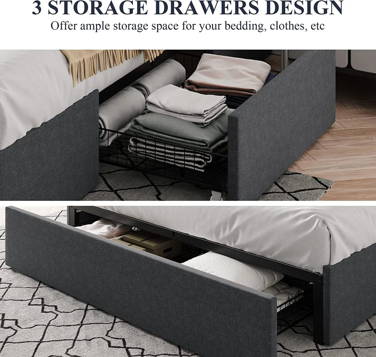 Queen Size Platform Bed Frame with 3 Storage Drawers V654073