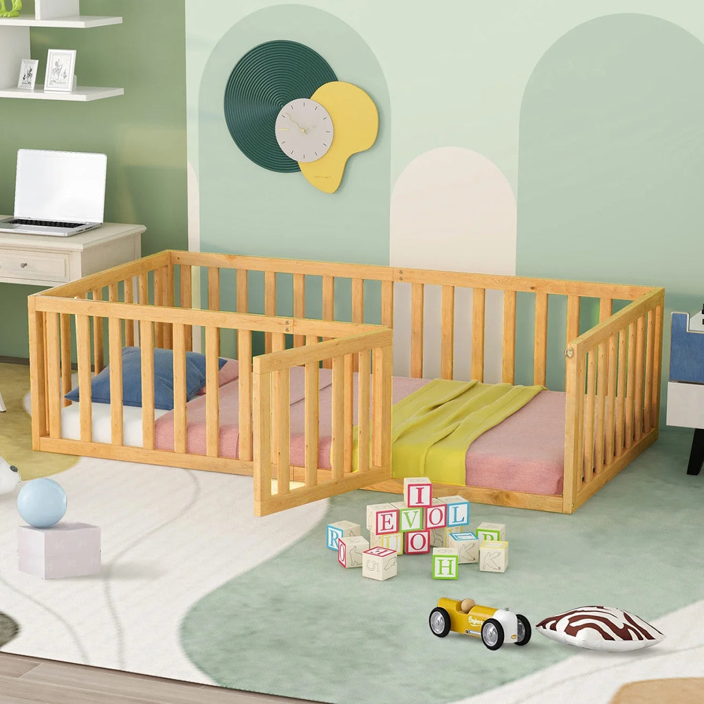 Twin Solid Wood Floor Bed Frame with Door & Safety Guardrails P165875