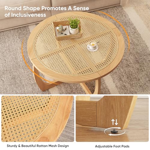 Round Wood Glass Rattan Coffee Table C58588