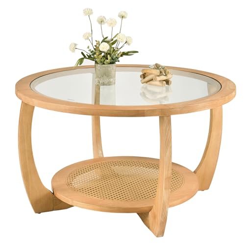 Round Wood Glass Rattan Coffee Table C58588
