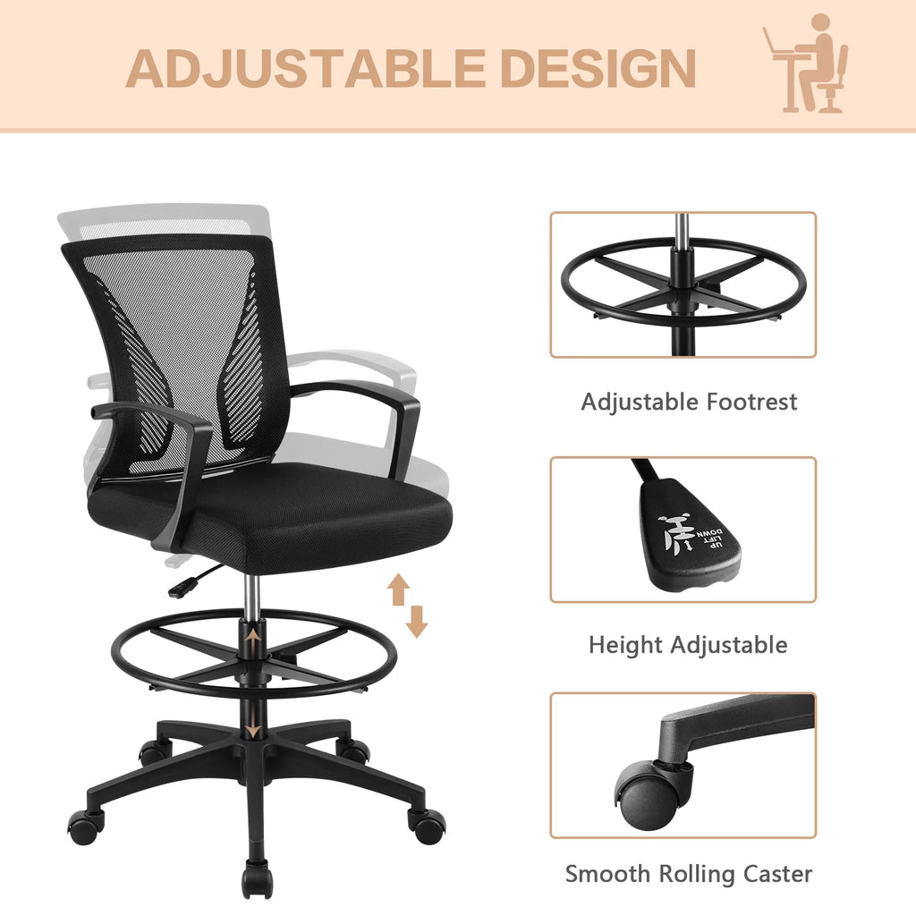 Adjustable Height Drafting Chair with Armrest and Foot Ring, Black Q400602