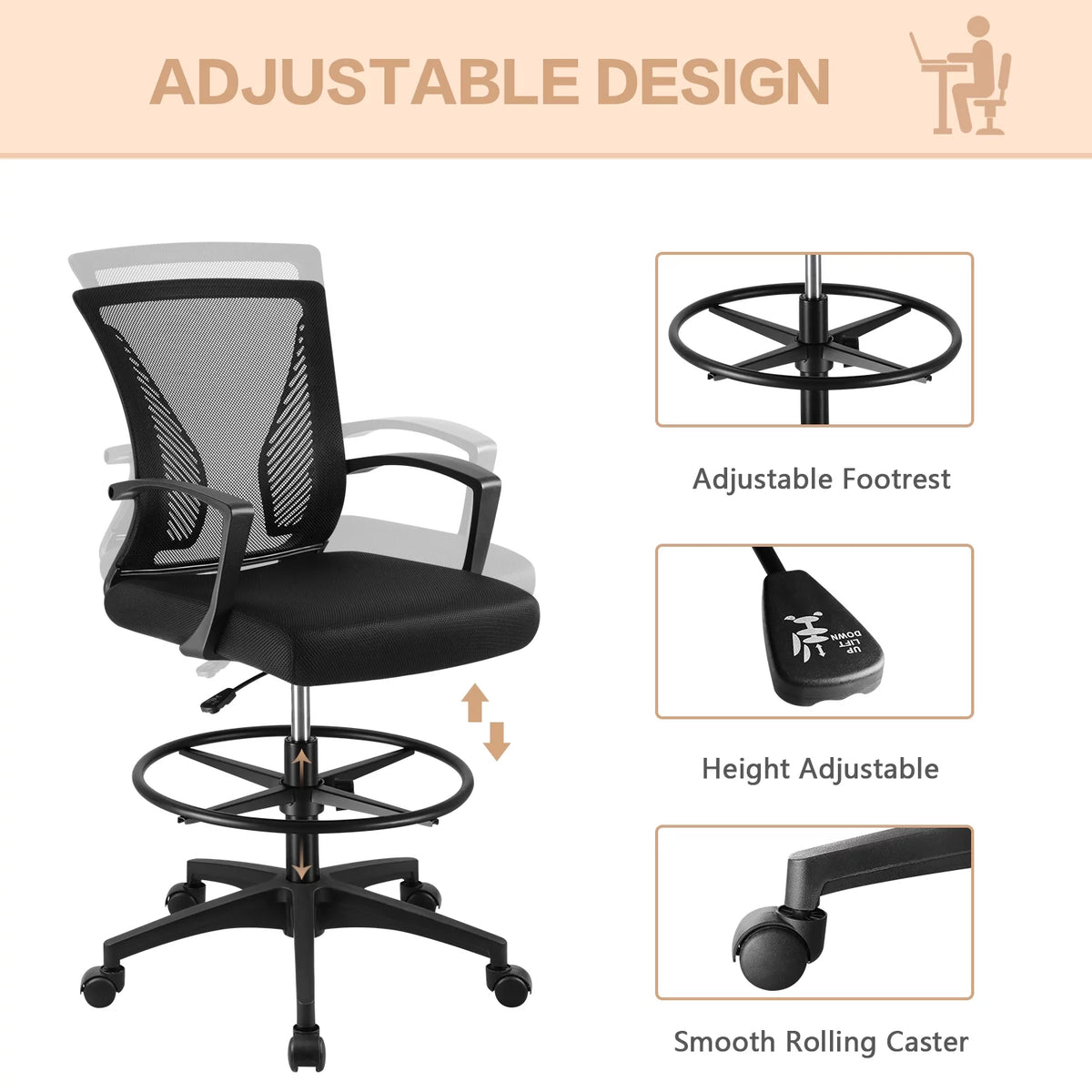 Adjustable Height Drafting Chair with Armrest and Foot Ring, Black Q400602