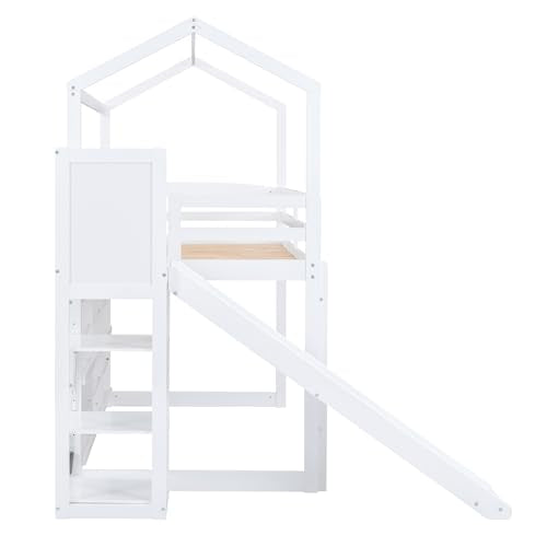 White Twin Size Wood House Loft Bed with Slide and Storage Shelves U78049