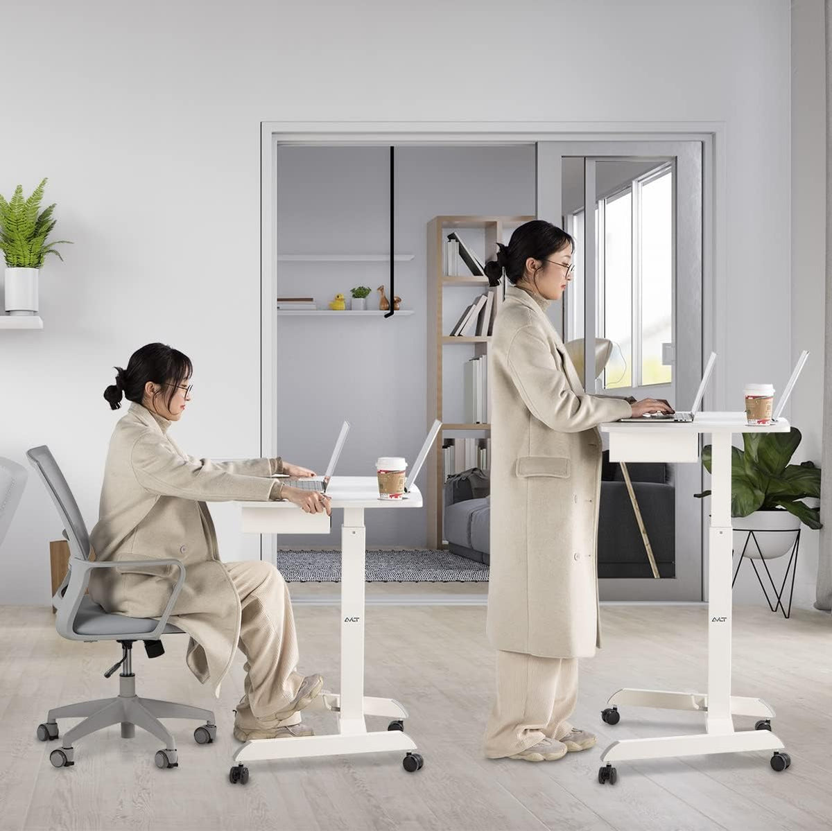 White Height Adjustable Rolling Desk with Shelf K66351