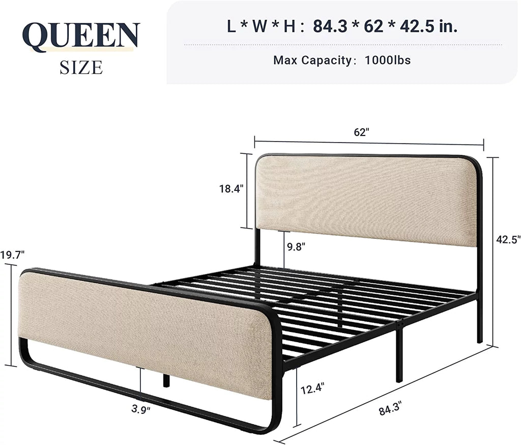 Queen Size Beige Metal Platform Bed Frame with Upholstered Headboard and Footboard B75479