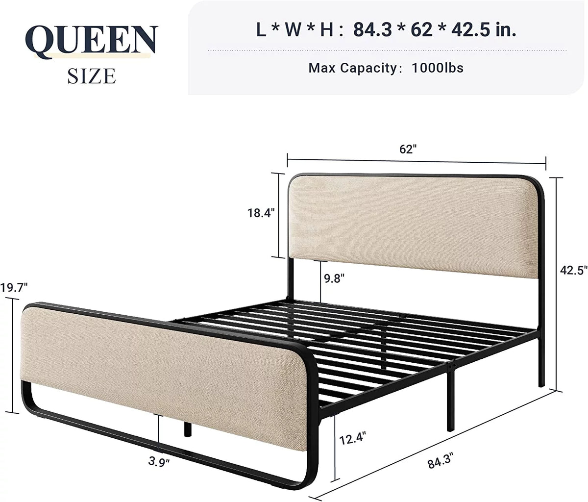 Queen Size Beige Metal Platform Bed Frame with Upholstered Headboard and Footboard B75479