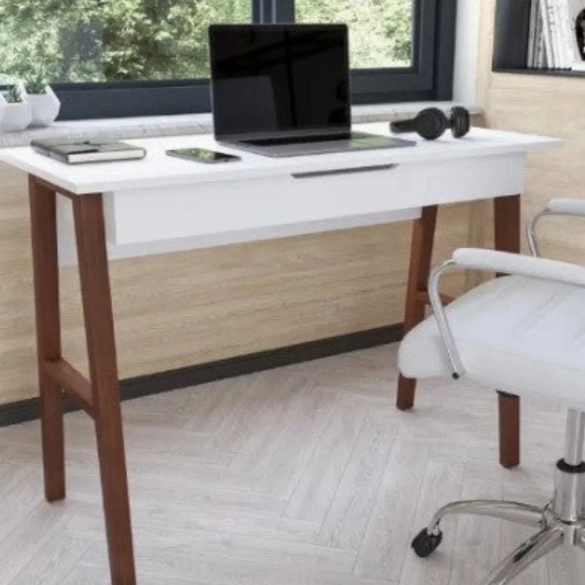 White and Walnut Computer Desk With Drawer L128754