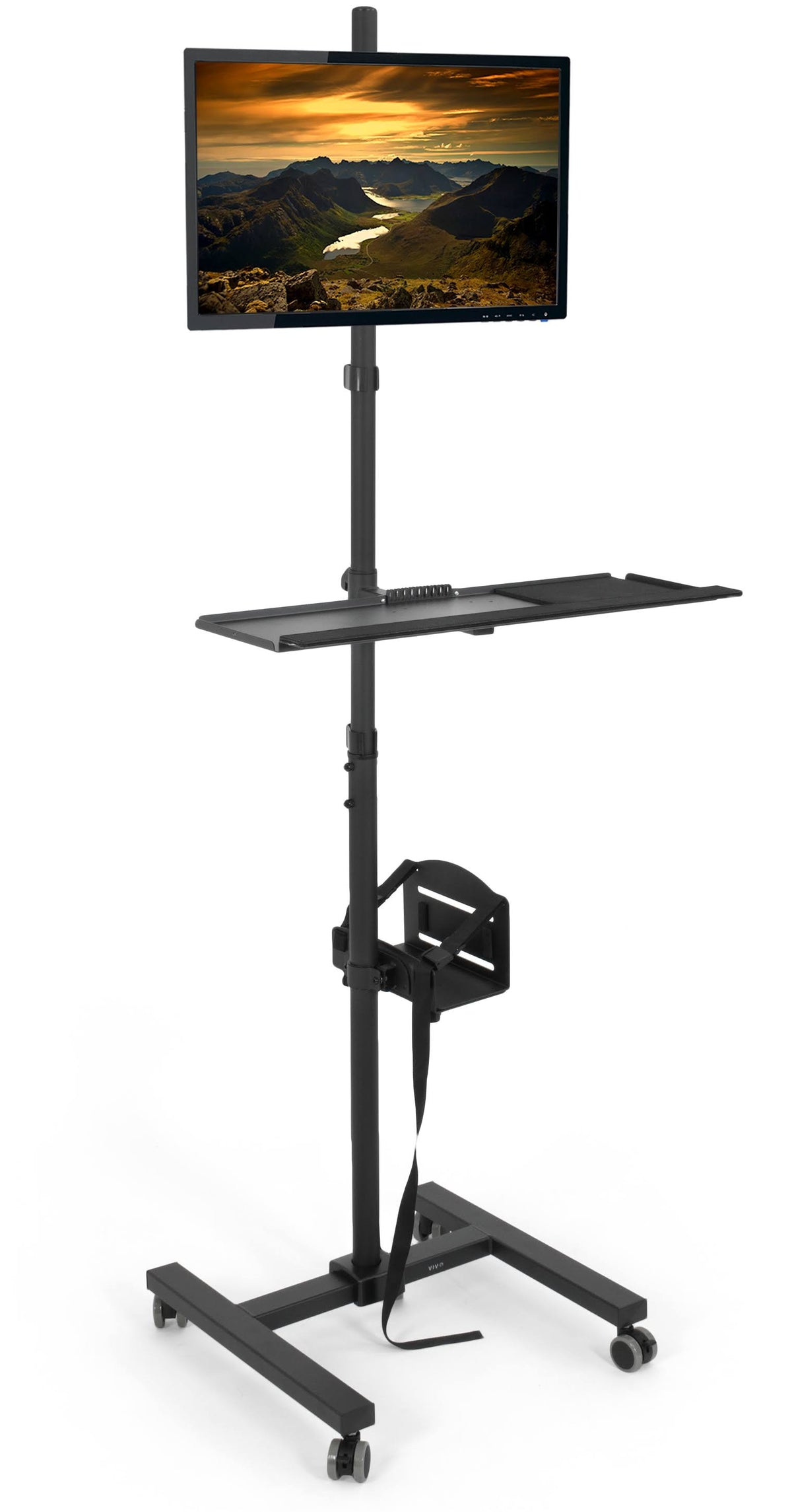 Black Rolling Computer Mobile Cart with Adjustable Monitor Mount and Keyboard Tray P275