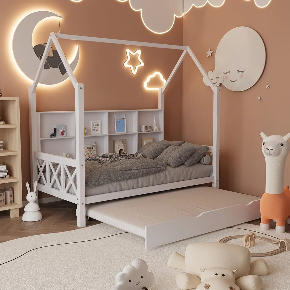 Twin House Bed with Trundle and Storage Shelve P63071