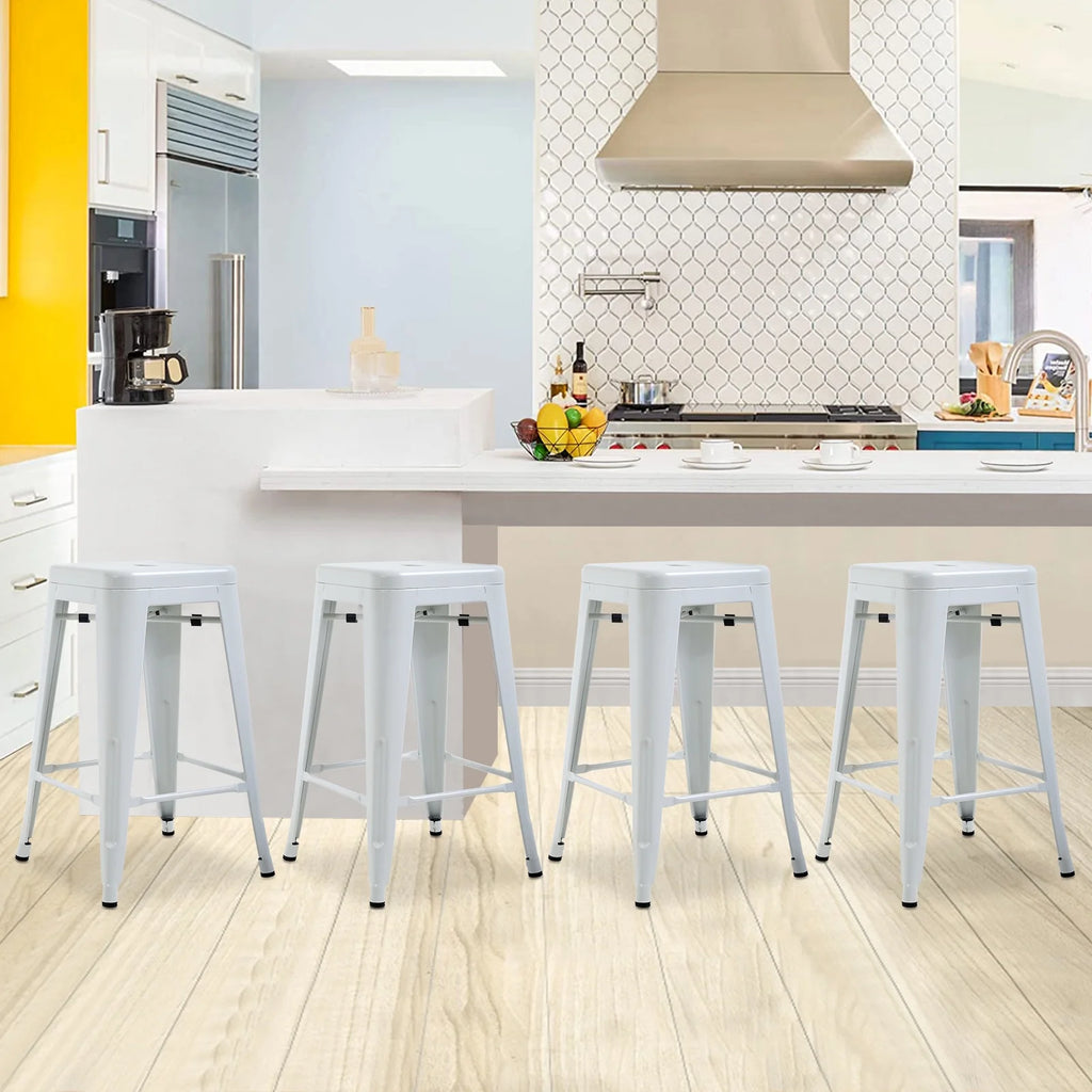 Metal Bar Stools Set of 4, 24 inch White Stackable Backless Counter Height R4203