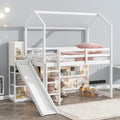 White Twin Size Wood House Loft Bed with Slide and Storage Shelves U78049