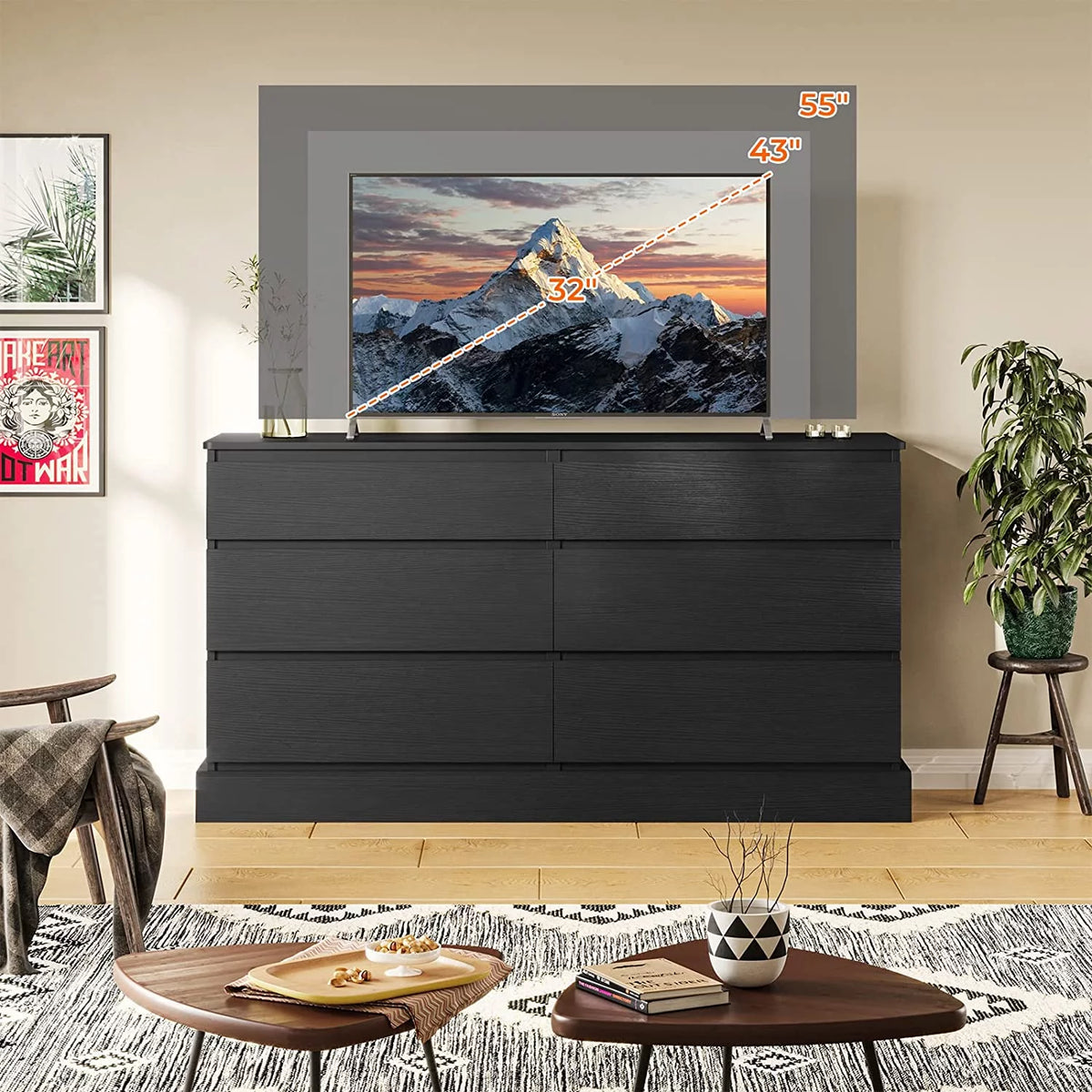 Black 6 Drawer Double Dresser V49183