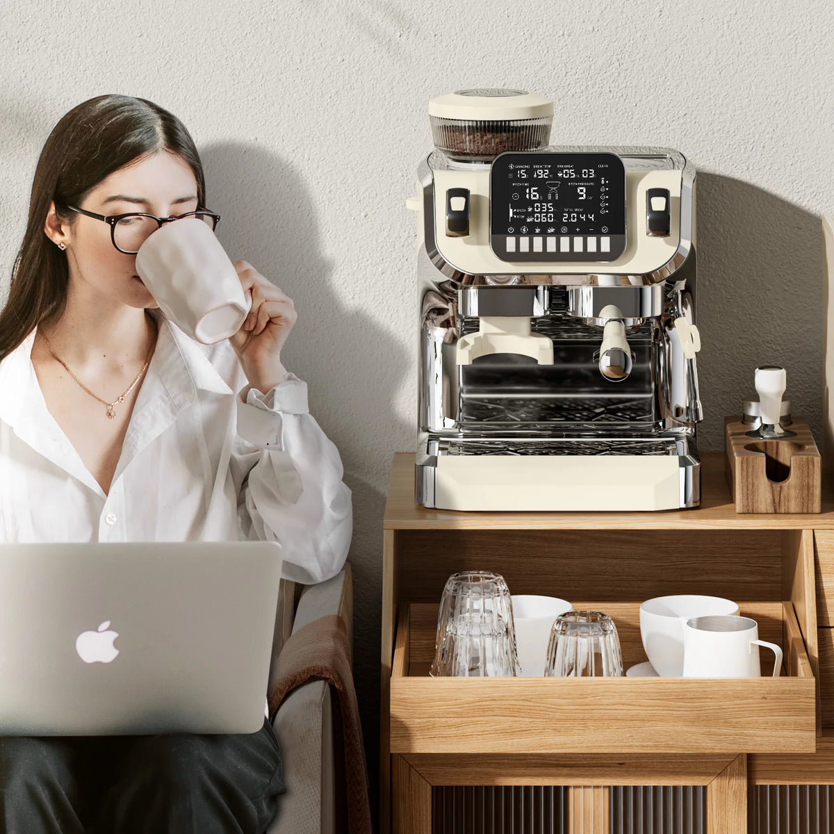 Espresso Machine with Milk Frother, Semi Automatic Coffee Machine with Grinder Q8181