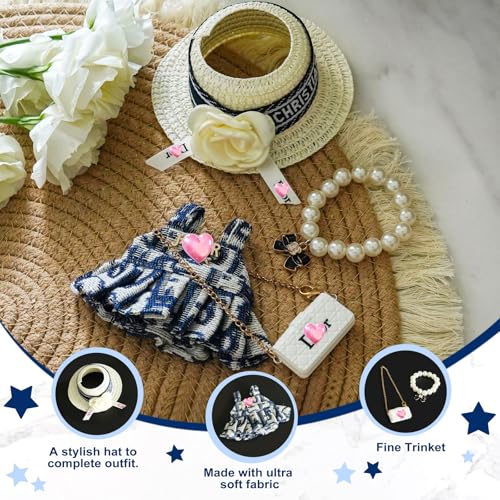 17cm Doll Clothes Set with Hat Pearl Necklace Bag Accessories Blue N64899