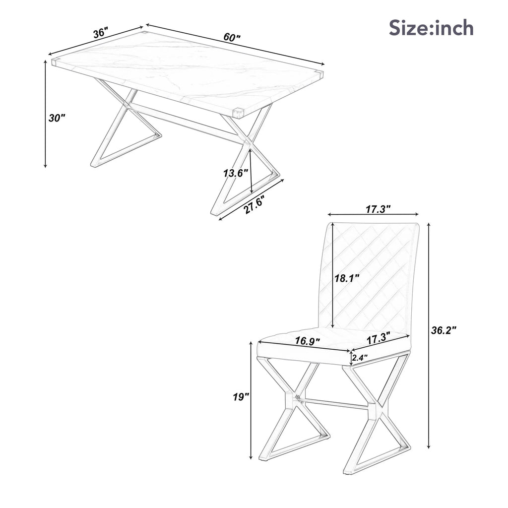 7-Piece Marble Texture Dining Table Set with 6 PU Leather Chairs M9002