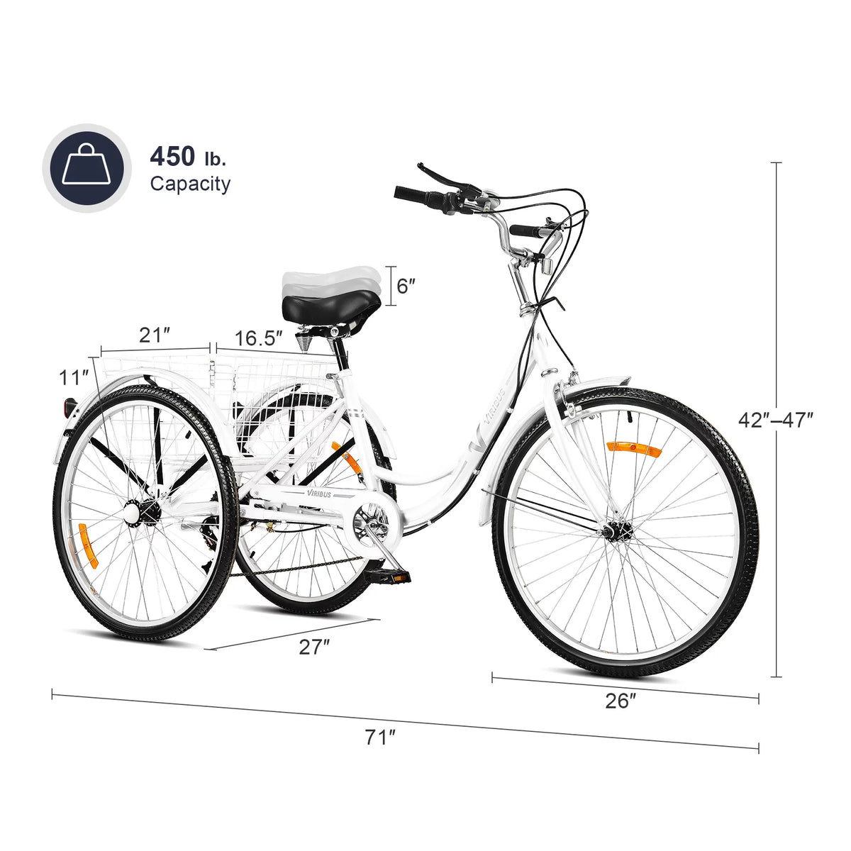 26 Inch 3 Wheel Bike with 7 Speeds & Basket E1698