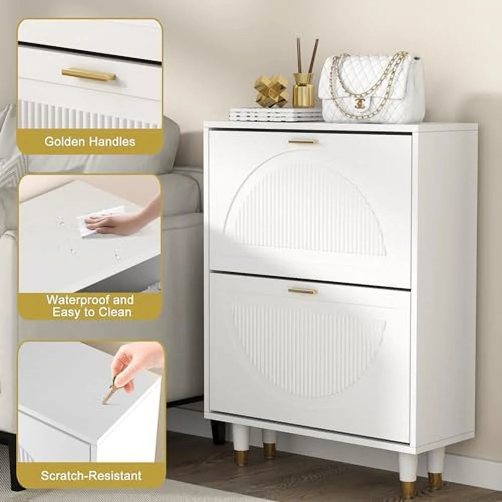 White Slim Narrow Shoe Cabinet with Doors 2 Flip Drawer R8158