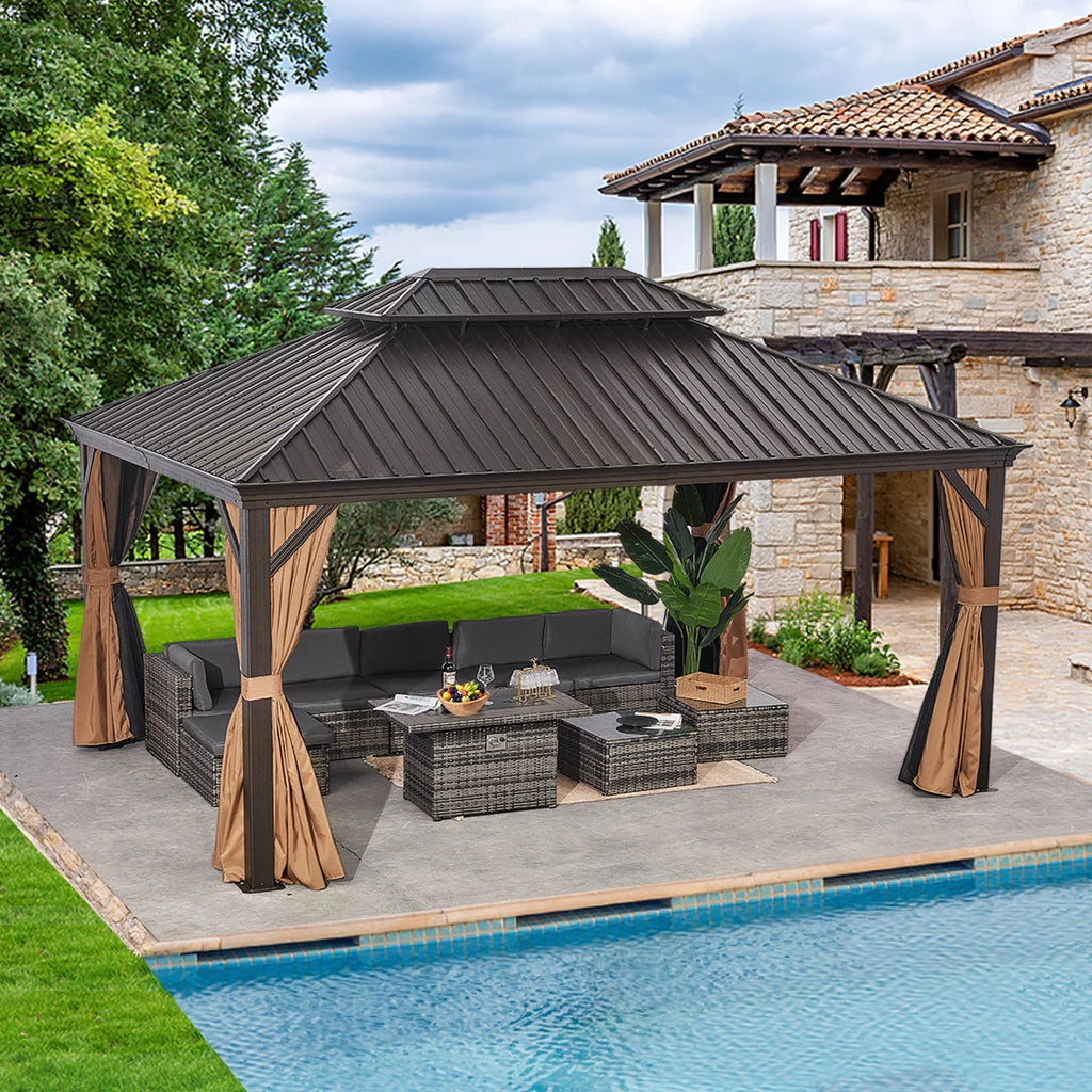 10'x12' Hardtop Steel Aluminum Gazebo with Curtains and Netting W378714