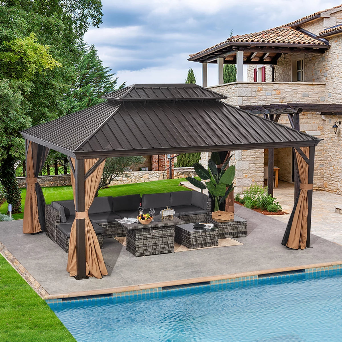 10'x12' Hardtop Steel Aluminum Gazebo with Curtains and Netting W378714