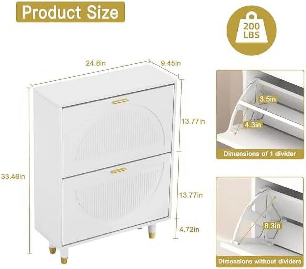 White Slim Narrow Shoe Cabinet with Doors 2 Flip Drawer R8158