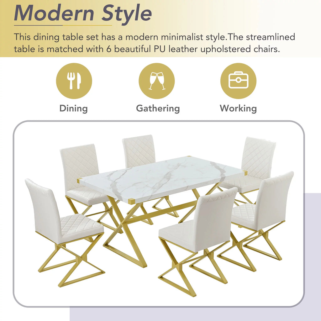 7-Piece Marble Texture Dining Table Set with 6 PU Leather Chairs M9002