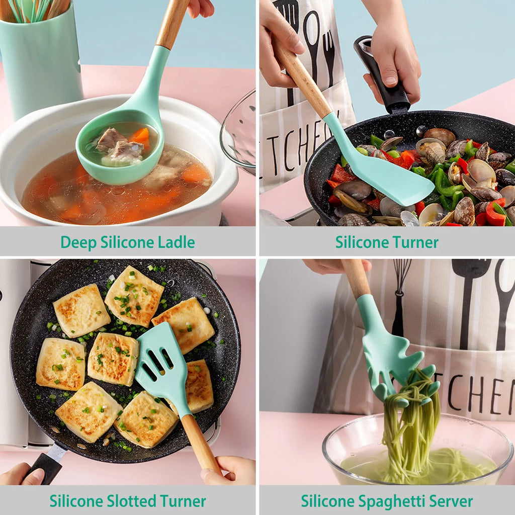 11-Piece Silicone Cooking Utensil Set with Wooden Handles, Green M95524