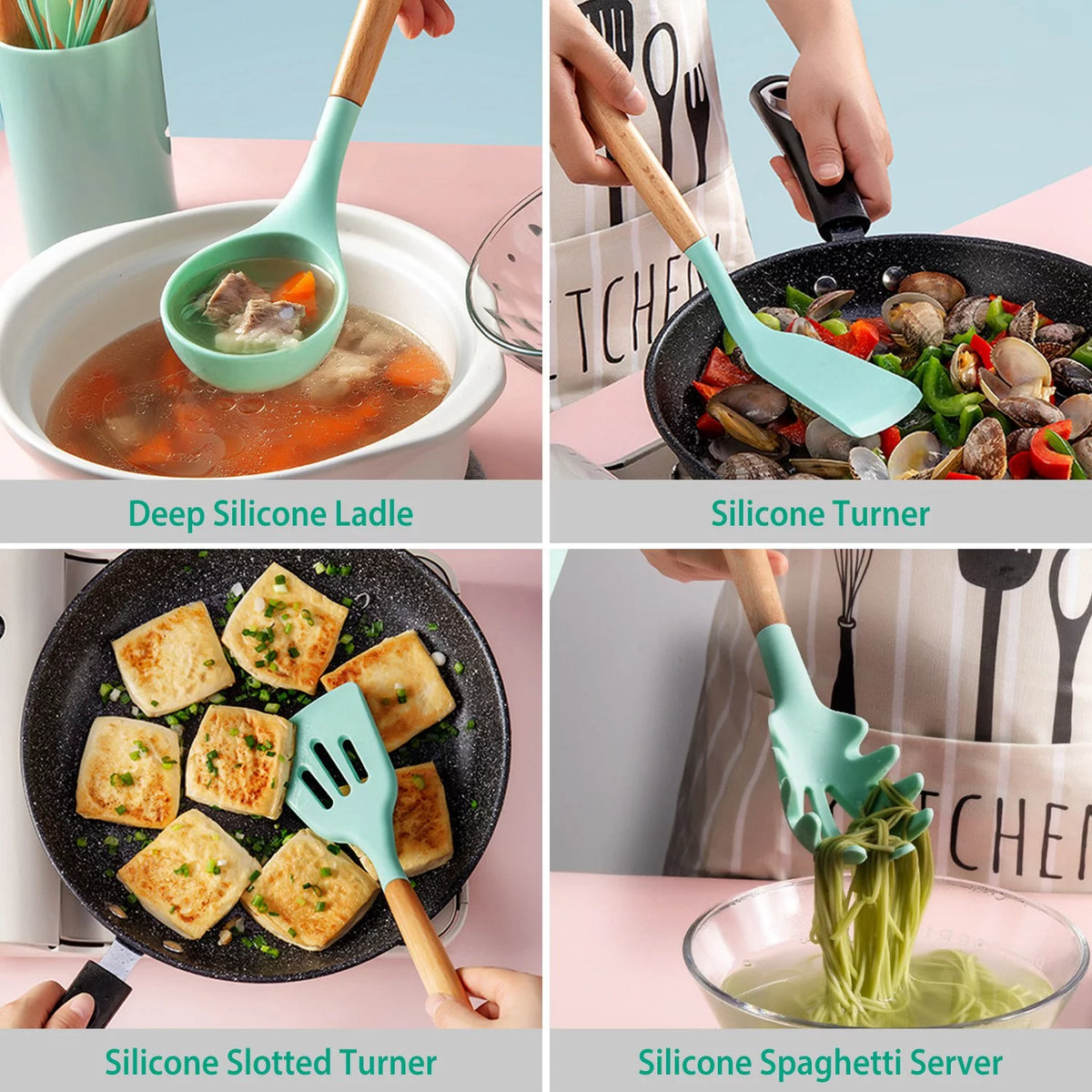 11-Piece Silicone Cooking Utensil Set with Wooden Handles, Green M95524