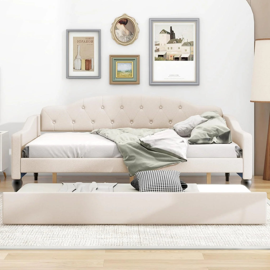 Beige Upholstered Full Daybed Frame with Trundle J57166