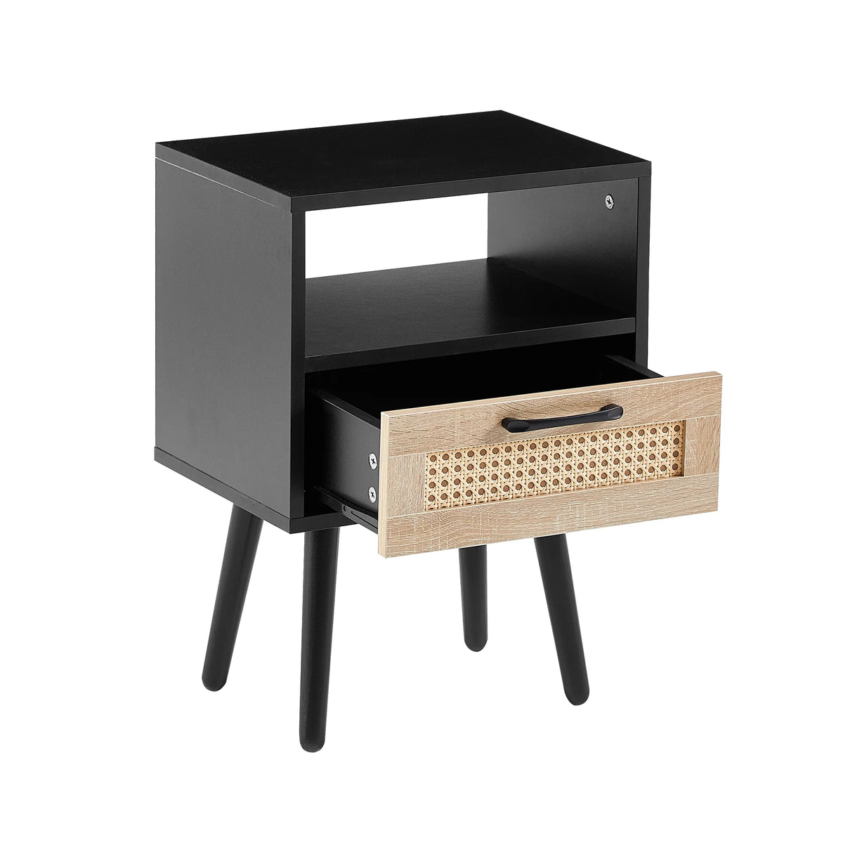 Black Rattan End Table with Drawer and Open Shelf W4007