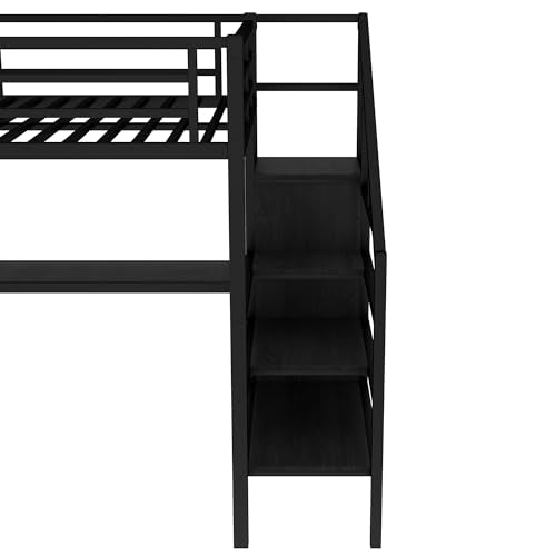 Full Size Metal Loft Bed with L-shaped Desk and Wardrobe D3559