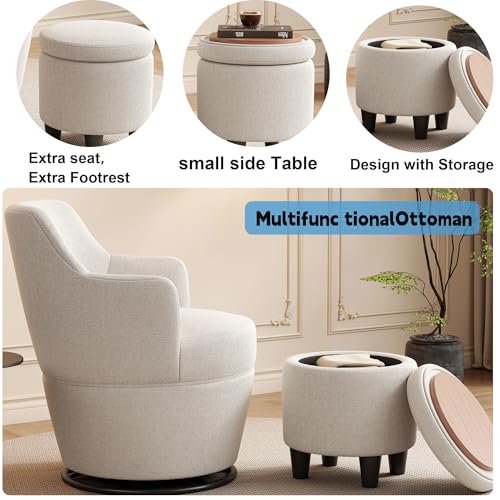 Beige Cotton Linen Upholstered Swivel Chair with Storage Ottoman Q317