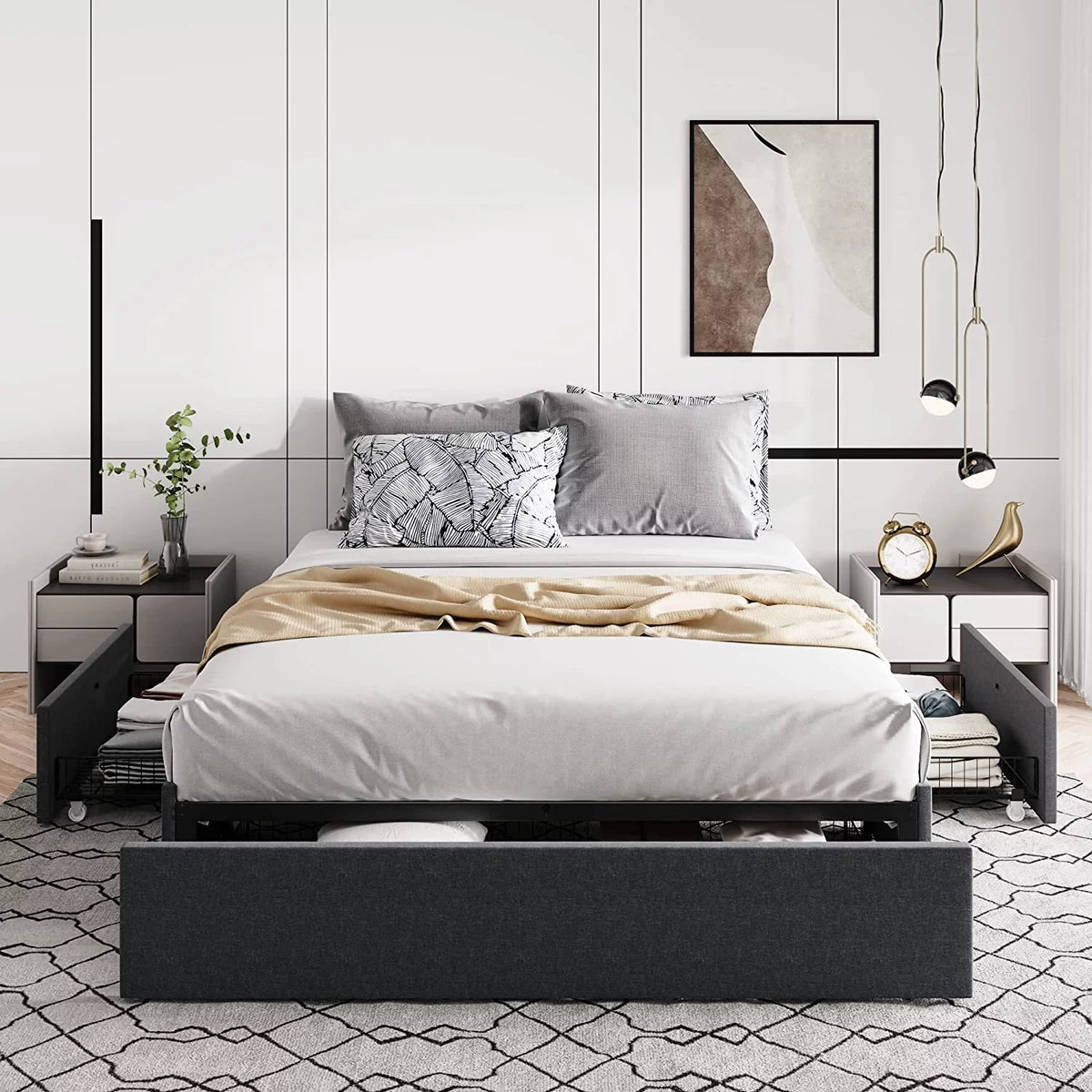 Queen Size Platform Bed Frame with 3 Storage Drawers V654073